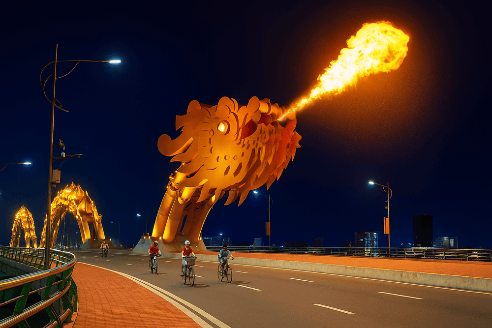 Cầu Rồng phun lửa vào ban đêm (Nguồn: Internet)